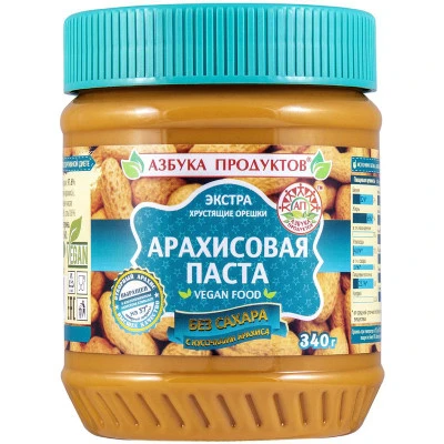 Арахисовая паста (Азбука Продуктов) без сахара с кусочками арахиса 340гр — фото 1
