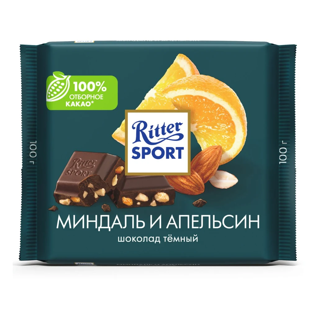 Ритер спорт тёмный Миндаль и Апельсин 100-гр.1/12шт — фото 1
